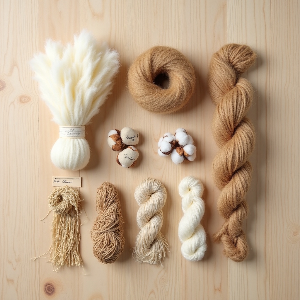 Campioni di diverse fibre naturali: lana, cotone, canapa e seta disposte su tavolo di legno chiaro