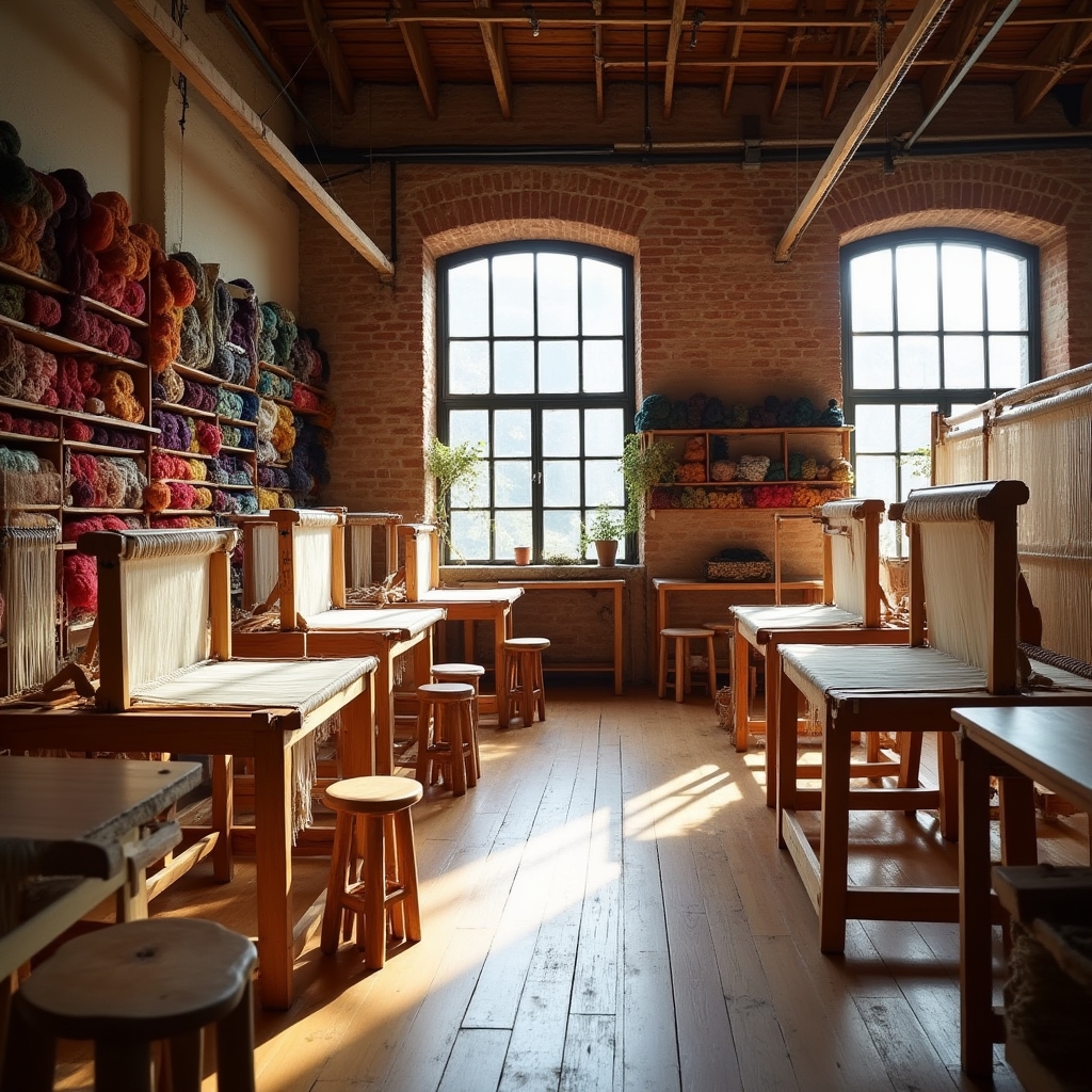 Ambiente del laboratorio con telai a cornice, lane colorate e strumenti artigianali