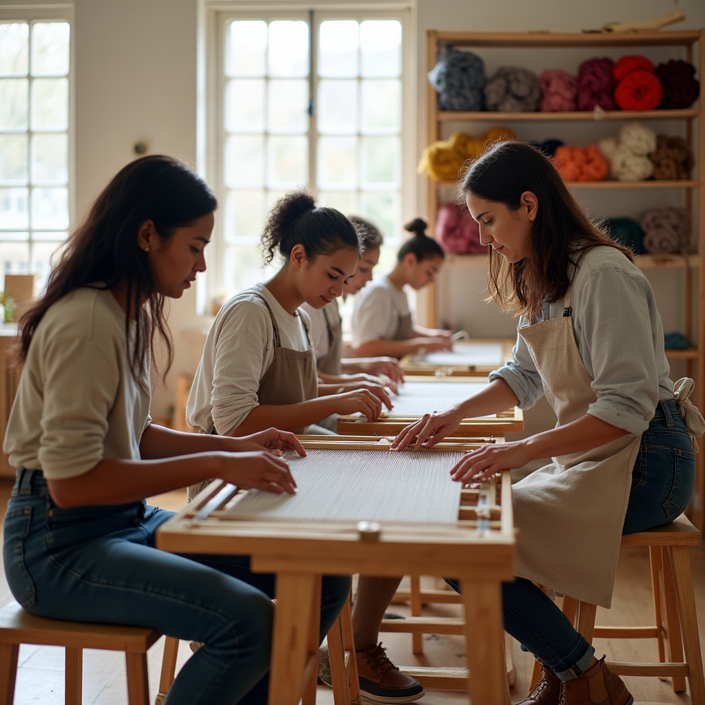Gruppo di studenti al lavoro su telai a cornice in ambiente laboratorio con lane colorate