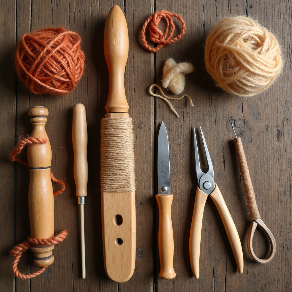 Strumenti di tessitura artigianale: spole, navette, pettini e lane naturali su superficie di legno